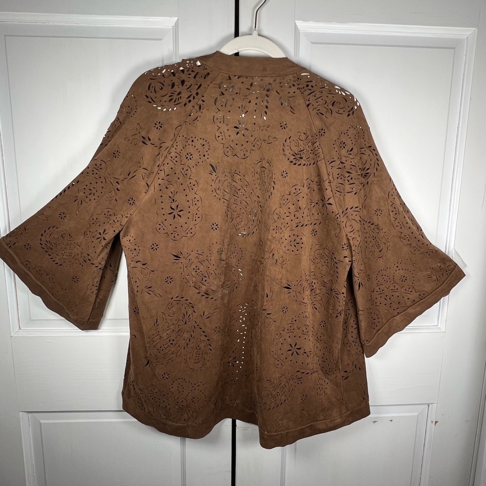 AE Outfitters Faux Suede Laser-Cut Open Front Kimono Sweater Brown Size XS - Picture 3 of 8